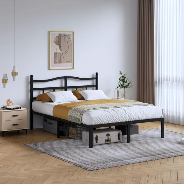 Main image of Metal Bed Frame with Headboard - 14 Inch King Size Heavy Duty Bedframe Black Basic Steel Slats Platform No Box Spring Needed/Easy Assembly/Noise Free