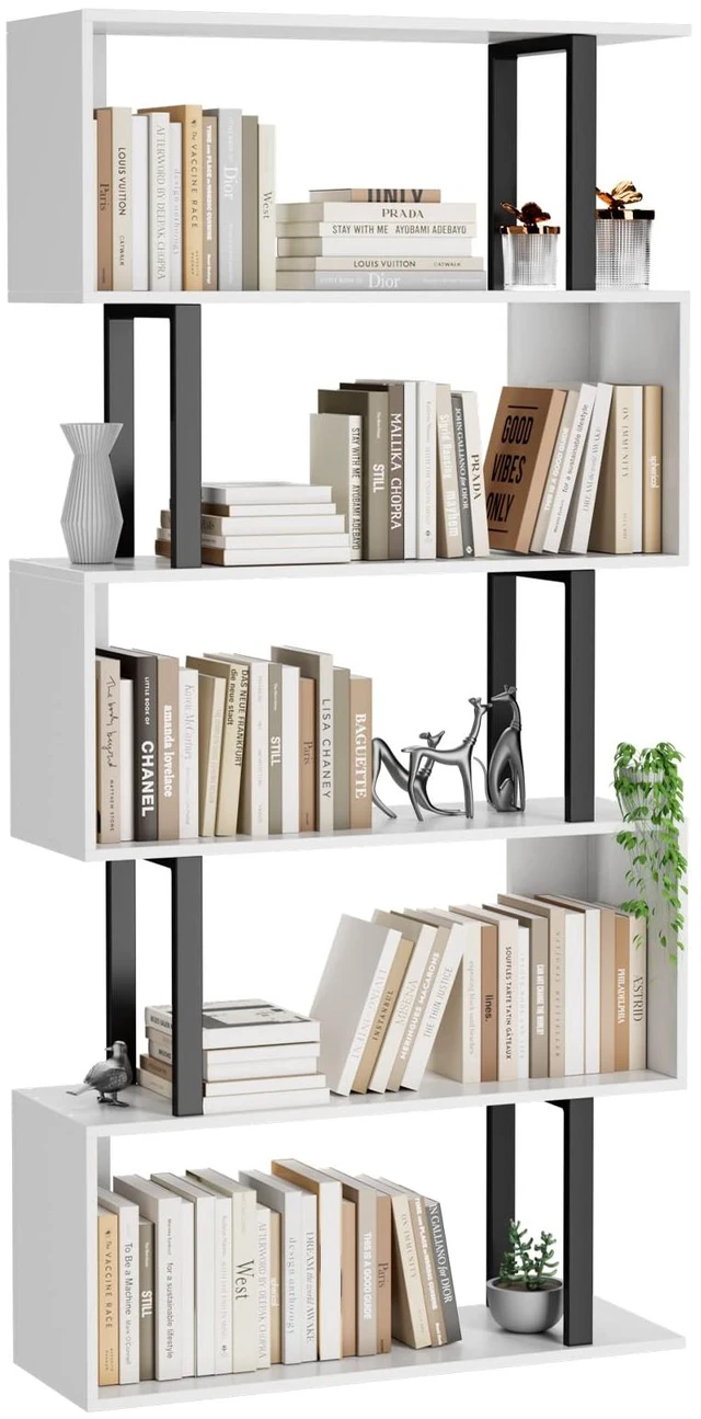 Main image of 5-Tier Tall Bookshelf, S-Shaped Book Shelf Unit, White | 62 Inch Freestanding Display Shelf, Geometric Bookcase, Tall Storage Shelving for Living Room/Bedroom/Home Office