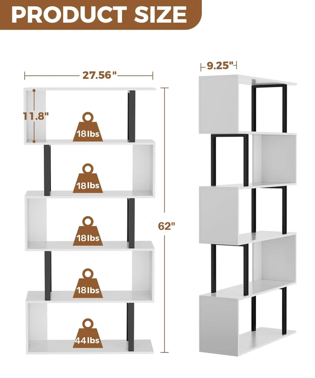 Alt view image 2 of 7 - 5-Tier Tall Bookshelf, S-Shaped Book Shelf Unit, White | 62 Inch Freestanding Display Shelf, Geometric Bookcase, Tall Storage Shelving for Living Room/Bedroom/Home Office