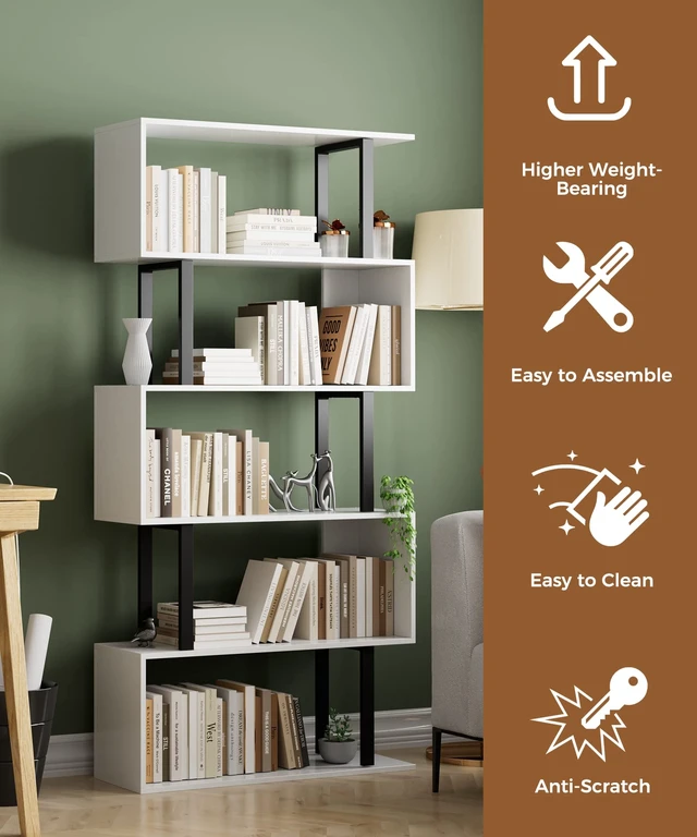 Alt view image 3 of 7 - 5-Tier Tall Bookshelf, S-Shaped Book Shelf Unit, White | 62 Inch Freestanding Display Shelf, Geometric Bookcase, Tall Storage Shelving for Living Room/Bedroom/Home Office