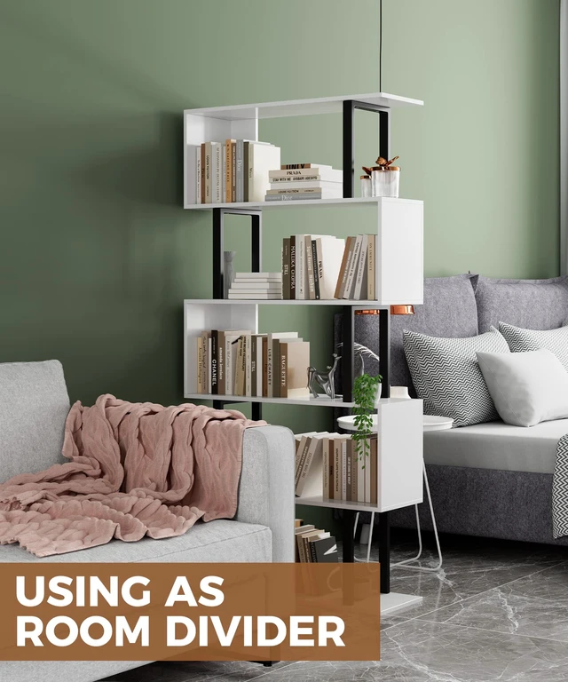 Alt view image 4 of 7 - 5-Tier Tall Bookshelf, S-Shaped Book Shelf Unit, White | 62 Inch Freestanding Display Shelf, Geometric Bookcase, Tall Storage Shelving for Living Room/Bedroom/Home Office
