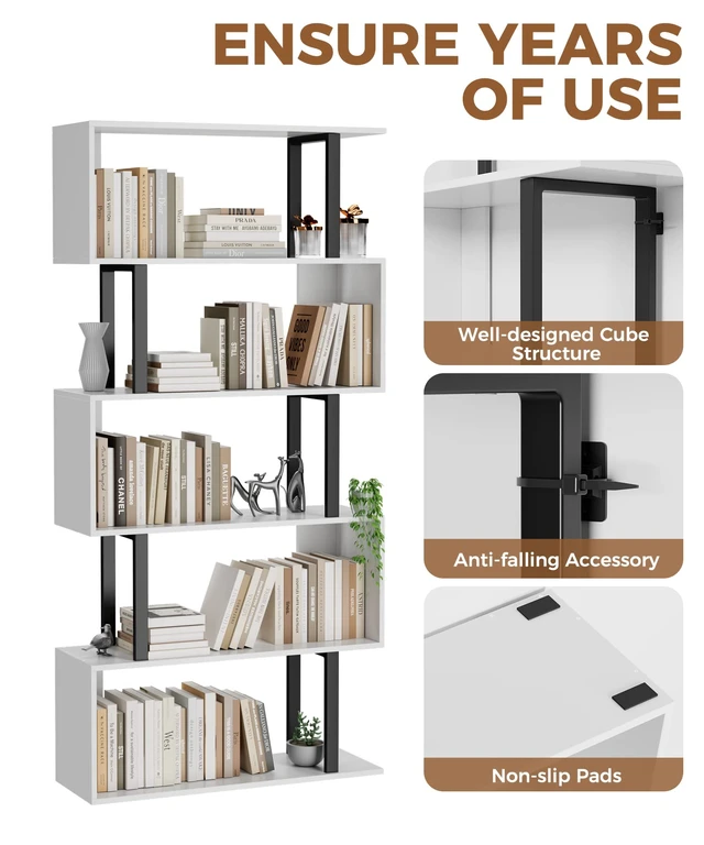 Alt view image 5 of 7 - 5-Tier Tall Bookshelf, S-Shaped Book Shelf Unit, White | 62 Inch Freestanding Display Shelf, Geometric Bookcase, Tall Storage Shelving for Living Room/Bedroom/Home Office