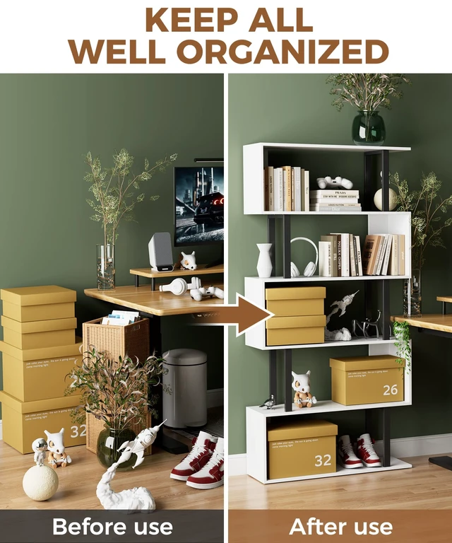 Alt view image 6 of 7 - 5-Tier Tall Bookshelf, S-Shaped Book Shelf Unit, White | 62 Inch Freestanding Display Shelf, Geometric Bookcase, Tall Storage Shelving for Living Room/Bedroom/Home Office