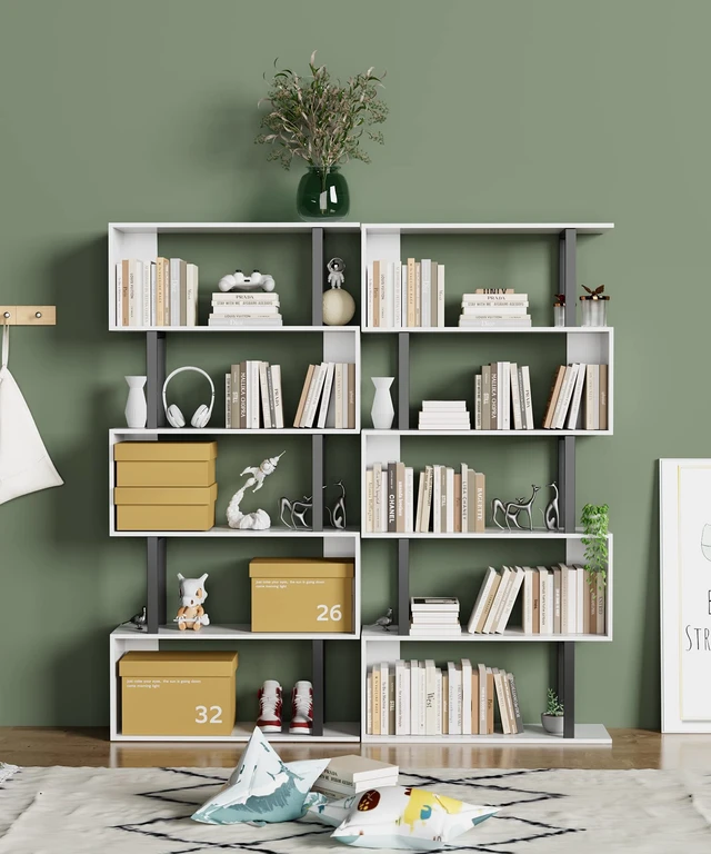 Alt view image 7 of 7 - 5-Tier Tall Bookshelf, S-Shaped Book Shelf Unit, White | 62 Inch Freestanding Display Shelf, Geometric Bookcase, Tall Storage Shelving for Living Room/Bedroom/Home Office