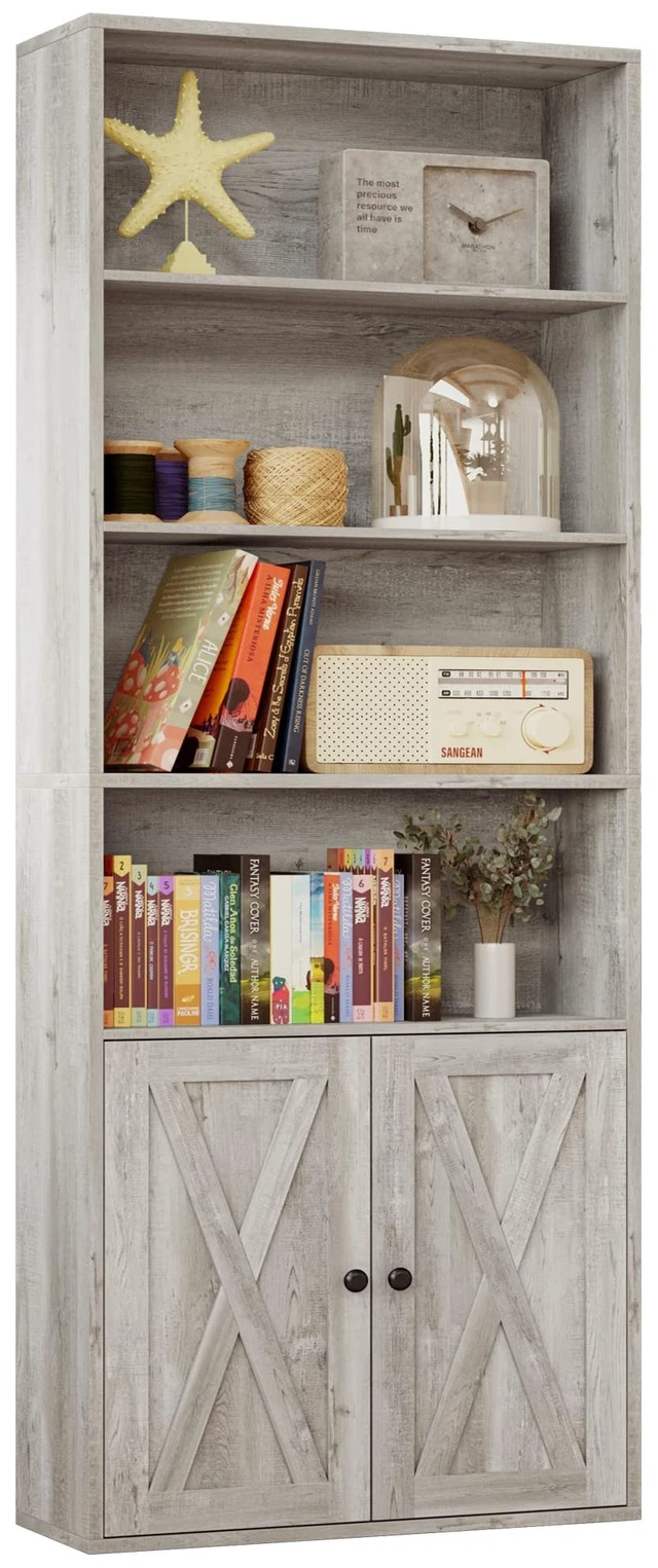 Main image of Industrial Bookshelves and Bookcases with Doors Floor Standing 6 Shelf Display Storage Shelves 70 in Tall Bookcase for Home Office, Living Room