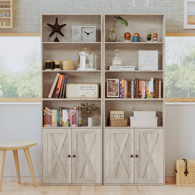 Alt view image 4 of 7 - Industrial Bookshelves and Bookcases with Doors Floor Standing 6 Shelf Display Storage Shelves 70 in Tall Bookcase for Home Office, Living Room