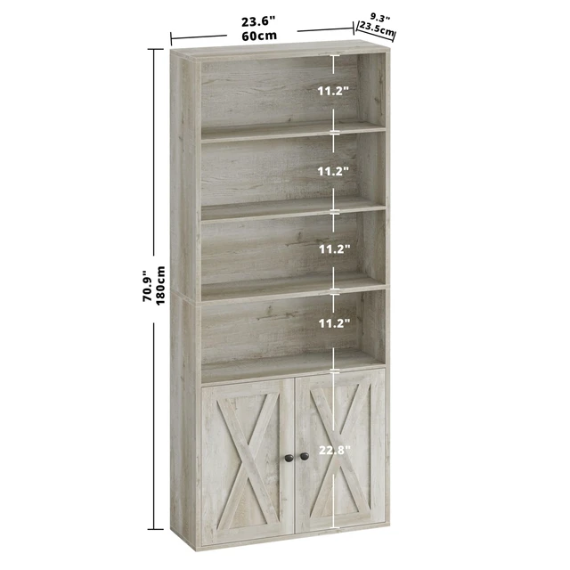 Alt view image 2 of 7 - Industrial Bookshelves and Bookcases with Doors Floor Standing 6 Shelf Display Storage Shelves 70 in Tall Bookcase for Home Office, Living Room