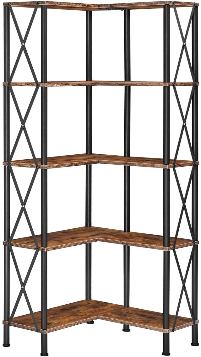Main image of Corner Bookshelf, 5-Tier L-Shaped Bookcase, Industrial Open Display Shelf Tall Storage Organizer, Vertical Storage Rack, for Living Room, Home Office, Rustic Brown and Black BF60SJ01
