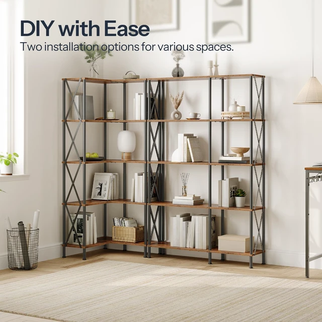Alt view image 3 of 7 - Corner Bookshelf, 5-Tier L-Shaped Bookcase, Industrial Open Display Shelf Tall Storage Organizer, Vertical Storage Rack, for Living Room, Home Office, Rustic Brown and Black BF60SJ01
