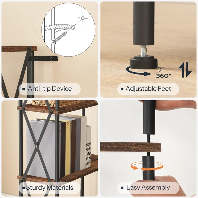 Alt view image 6 of 7 - Corner Bookshelf, 5-Tier L-Shaped Bookcase, Industrial Open Display Shelf Tall Storage Organizer, Vertical Storage Rack, for Living Room, Home Office, Rustic Brown and Black BF60SJ01