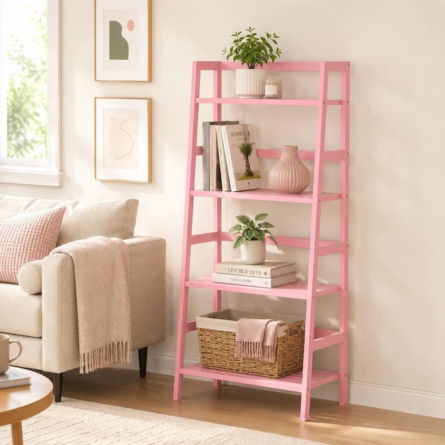 Alt view image 2 of 7 - Pink Ladder Shelf, 4-Tier Bamboo Bookshelf & Bookcase Organizer | 49.2 Freestanding Open Display Storage Shelves, Wooden Plant Stand Rack for Small Space, Bathroom, Living Room, Bedroom