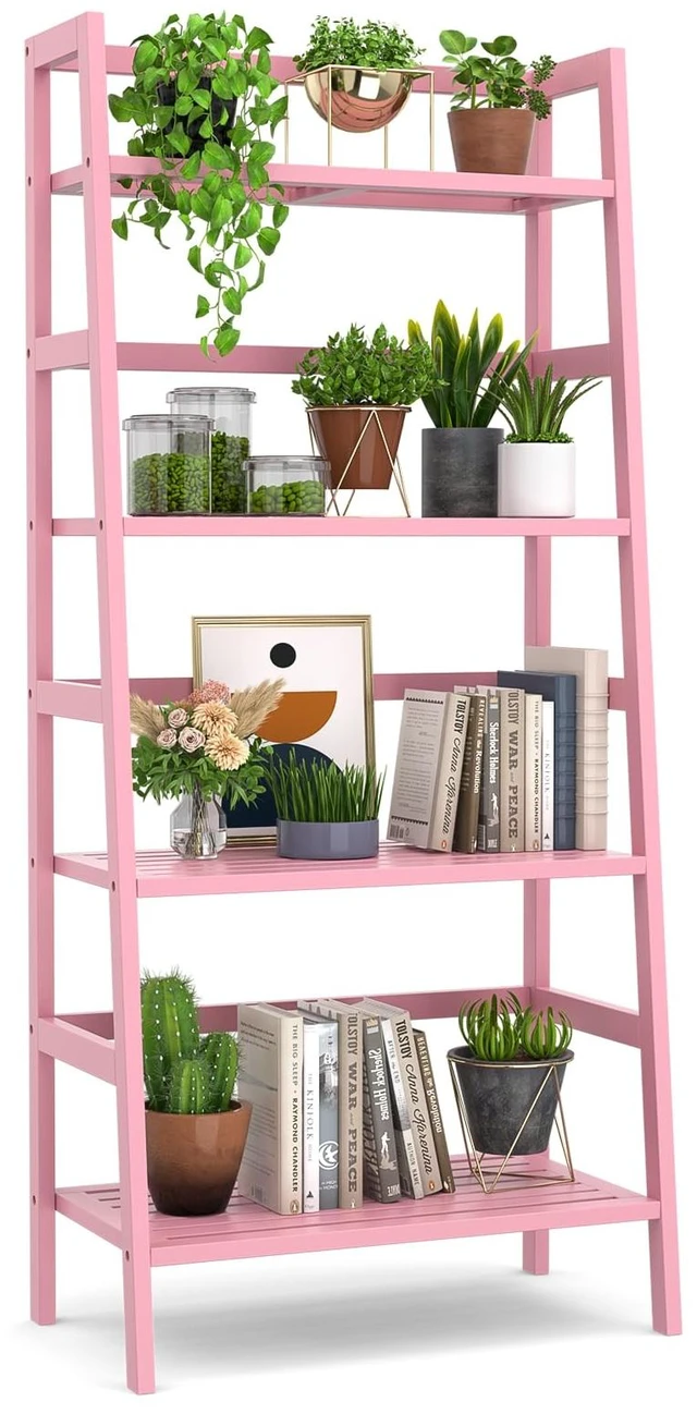 Main image of Pink Ladder Shelf, 4-Tier Bamboo Bookshelf & Bookcase Organizer | 49.2 Freestanding Open Display Storage Shelves, Wooden Plant Stand Rack for Small Space, Bathroom, Living Room, Bedroom