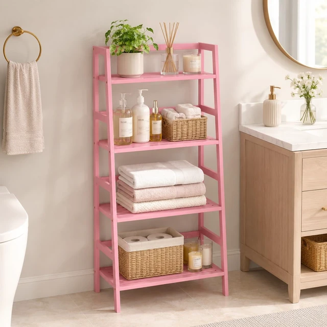 Alt view image 3 of 7 - Pink Ladder Shelf, 4-Tier Bamboo Bookshelf & Bookcase Organizer | 49.2 Freestanding Open Display Storage Shelves, Wooden Plant Stand Rack for Small Space, Bathroom, Living Room, Bedroom