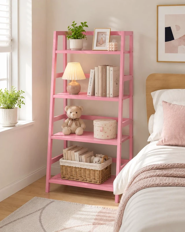 Alt view image 4 of 7 - Pink Ladder Shelf, 4-Tier Bamboo Bookshelf & Bookcase Organizer | 49.2 Freestanding Open Display Storage Shelves, Wooden Plant Stand Rack for Small Space, Bathroom, Living Room, Bedroom