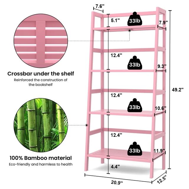 Alt view image 5 of 7 - Pink Ladder Shelf, 4-Tier Bamboo Bookshelf & Bookcase Organizer | 49.2 Freestanding Open Display Storage Shelves, Wooden Plant Stand Rack for Small Space, Bathroom, Living Room, Bedroom