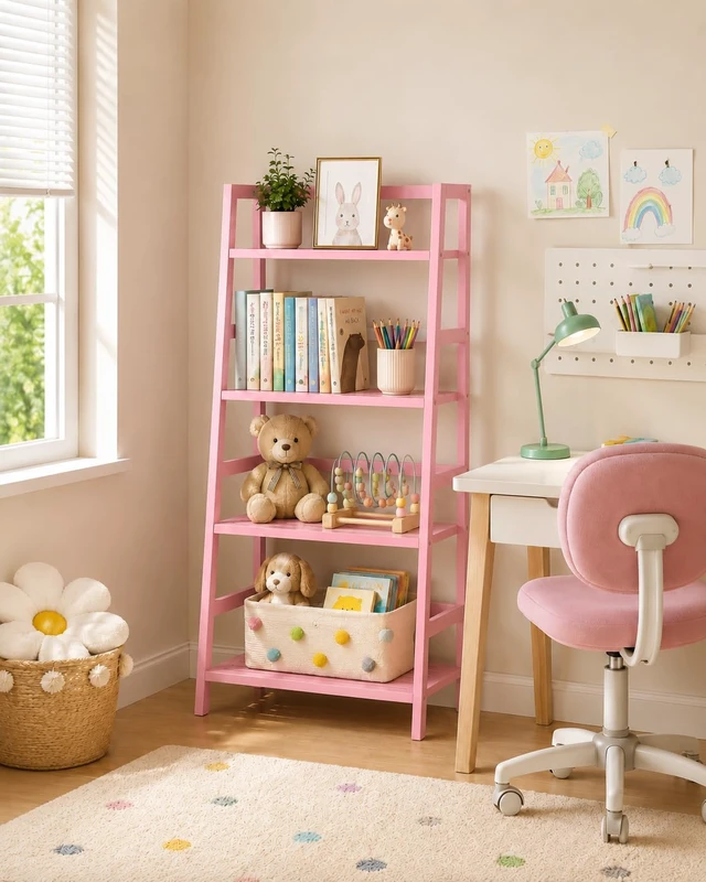 Alt view image 6 of 7 - Pink Ladder Shelf, 4-Tier Bamboo Bookshelf & Bookcase Organizer | 49.2 Freestanding Open Display Storage Shelves, Wooden Plant Stand Rack for Small Space, Bathroom, Living Room, Bedroom