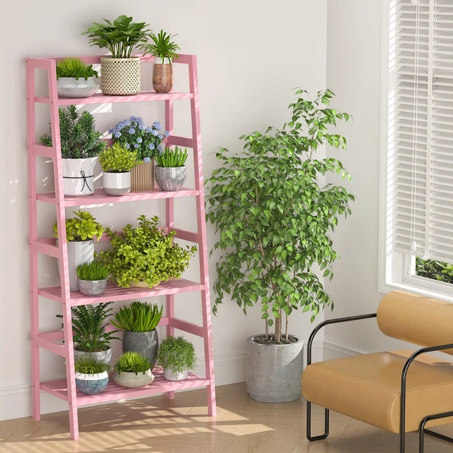 Alt view image 7 of 7 - Pink Ladder Shelf, 4-Tier Bamboo Bookshelf & Bookcase Organizer | 49.2 Freestanding Open Display Storage Shelves, Wooden Plant Stand Rack for Small Space, Bathroom, Living Room, Bedroom