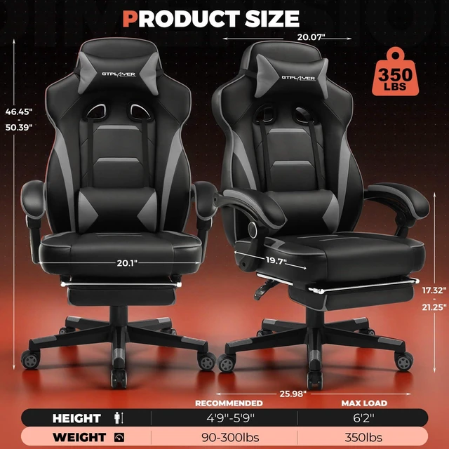 Alt view image 3 of 7 - Gaming Chair for Adults, Big and Tall 350LBS Heavy Duty Office Chair, Ergonomic High Back Lumbar Support and Recliner for Back Pain Relief, Sky Gray