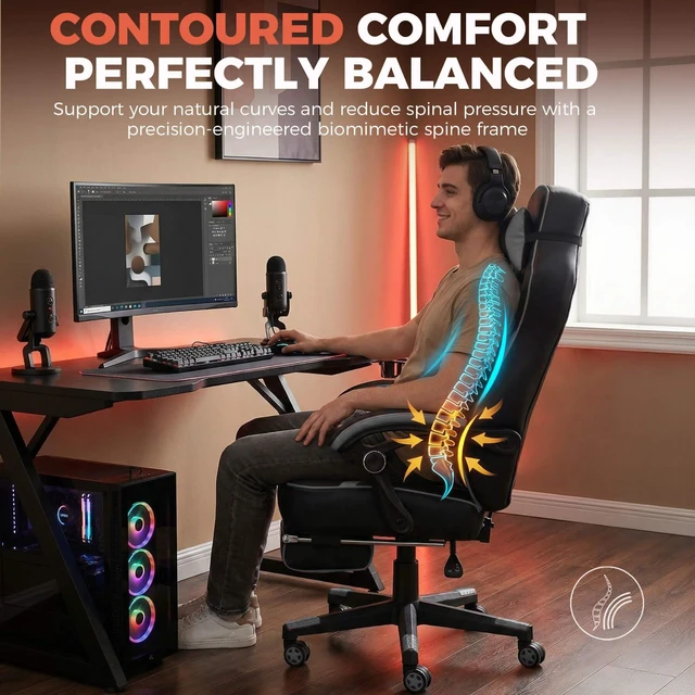 Alt view image 6 of 7 - Gaming Chair for Adults, Big and Tall 350LBS Heavy Duty Office Chair, Ergonomic High Back Lumbar Support and Recliner for Back Pain Relief, Sky Gray