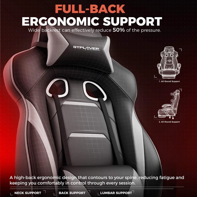 Alt view image 5 of 7 - Gaming Chair for Adults, Big and Tall 350LBS Heavy Duty Office Chair, Ergonomic High Back Lumbar Support and Recliner for Back Pain Relief, Sky Gray
