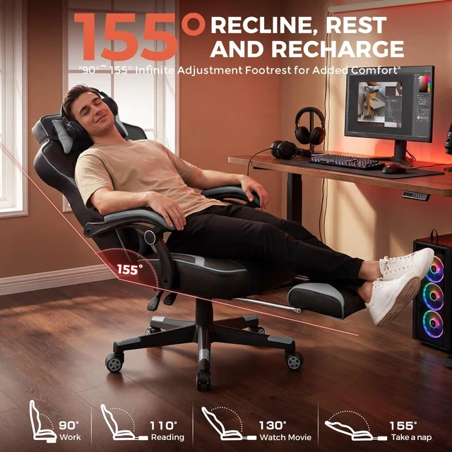Alt view image 7 of 7 - Gaming Chair for Adults, Big and Tall 350LBS Heavy Duty Office Chair, Ergonomic High Back Lumbar Support and Recliner for Back Pain Relief, Sky Gray