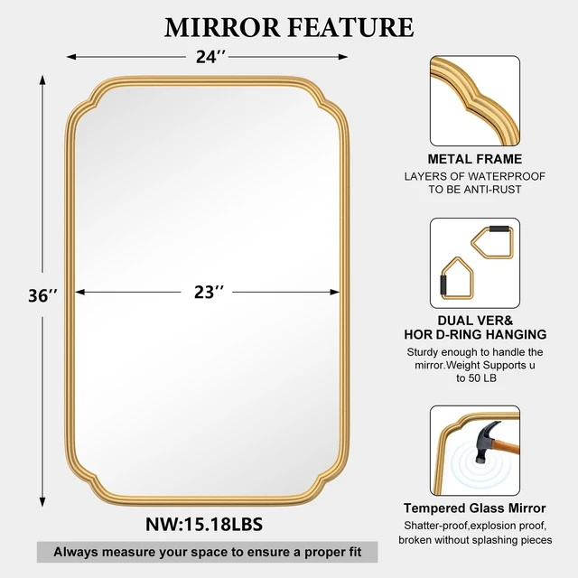 Alt view image 4 of 7 - Gold Bathroom Vanity Mirror for Wall 24" x 36" Modern Rounded Rectangle Mirror with Metal Framed Mirrors for Over Sink Wall Decorative (Horizontal/Vertical)