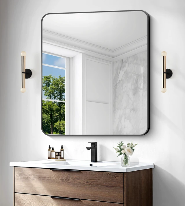 Alt view image 2 of 7 - 36x40 inch Bathroom Mirror,Black Rectangle Mirror,Wall Mounted Bathroom Frame Vanity Mirror with Round Corner for Bedroom Living Room,Entryway Hangs Horizontal or Vertical