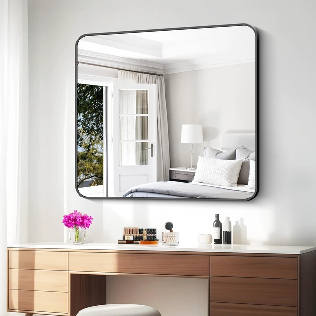 Alt view image 6 of 7 - 36x40 inch Bathroom Mirror,Black Rectangle Mirror,Wall Mounted Bathroom Frame Vanity Mirror with Round Corner for Bedroom Living Room,Entryway Hangs Horizontal or Vertical