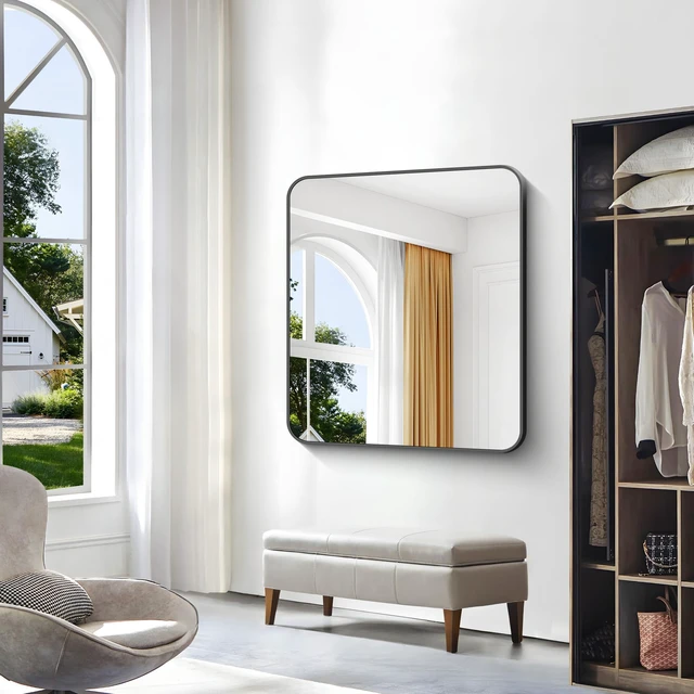 Alt view image 5 of 7 - 36x40 inch Bathroom Mirror,Black Rectangle Mirror,Wall Mounted Bathroom Frame Vanity Mirror with Round Corner for Bedroom Living Room,Entryway Hangs Horizontal or Vertical