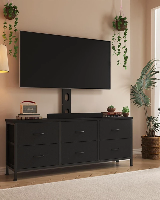 Main image of TV Stand with Mount, Fabric Dresser with 6 Drawers for 32/45/55/60/65/75 inch TVs, Black Dresser Entertainment Center, Modern Media TV Console Table