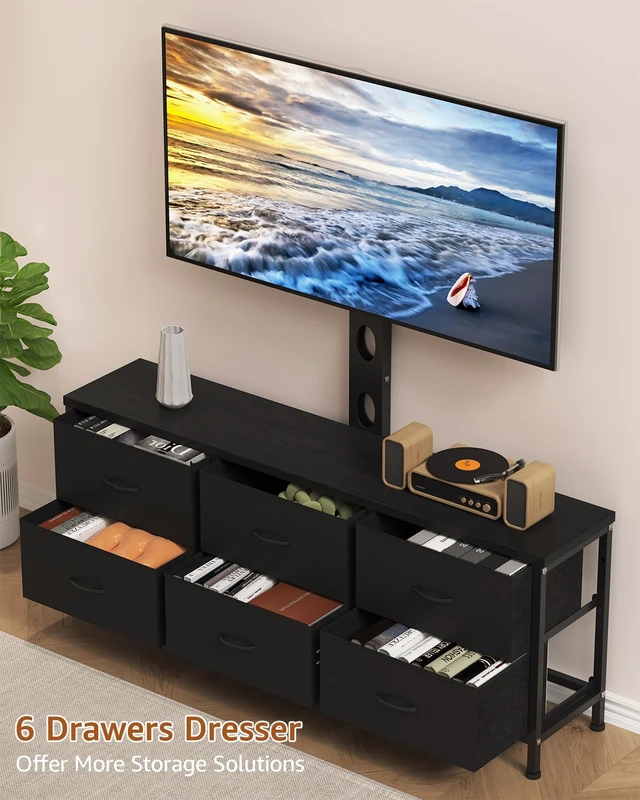 Alt view image 3 of 7 - TV Stand with Mount, Fabric Dresser with 6 Drawers for 32/45/55/60/65/75 inch TVs, Black Dresser Entertainment Center, Modern Media TV Console Table