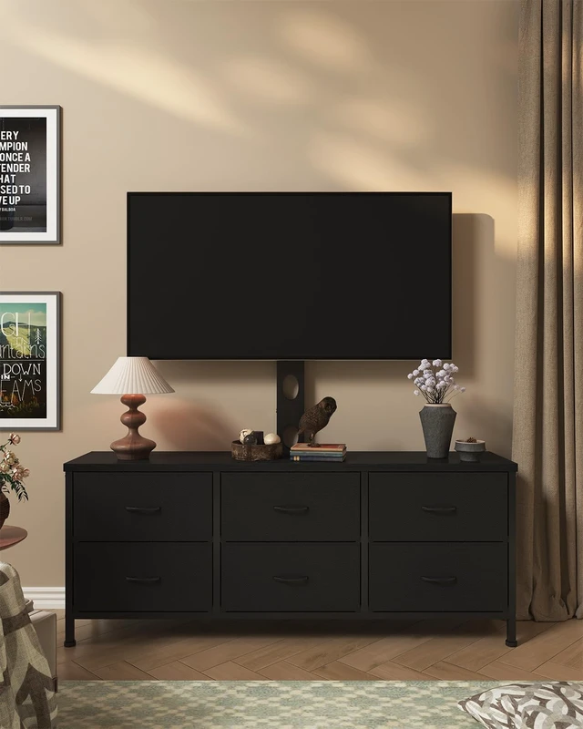 Alt view image 2 of 7 - TV Stand with Mount, Fabric Dresser with 6 Drawers for 32/45/55/60/65/75 inch TVs, Black Dresser Entertainment Center, Modern Media TV Console Table
