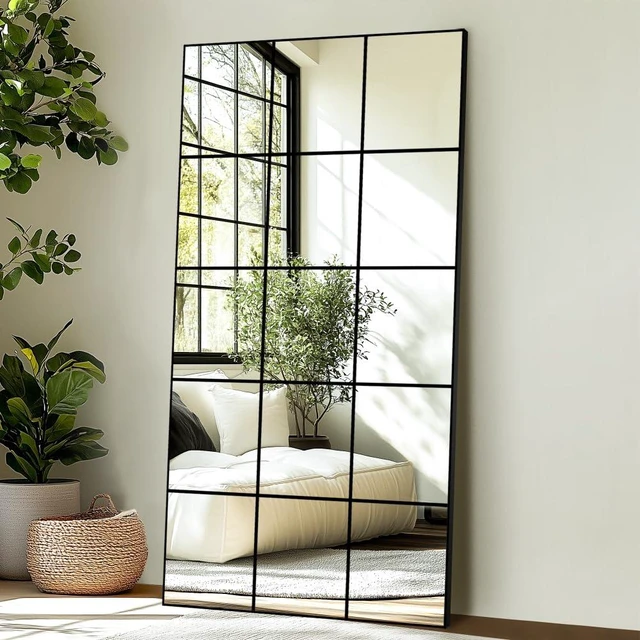 Main image of Window Pane Full Length Mirror 28"x55" Large Window Wall Mirror Black | Metal Framed Wall Decor, Wall Mounted, Hanging or Leaning for Bedroom, Living Room, Entryway, Dining Room, Home Wall Decor