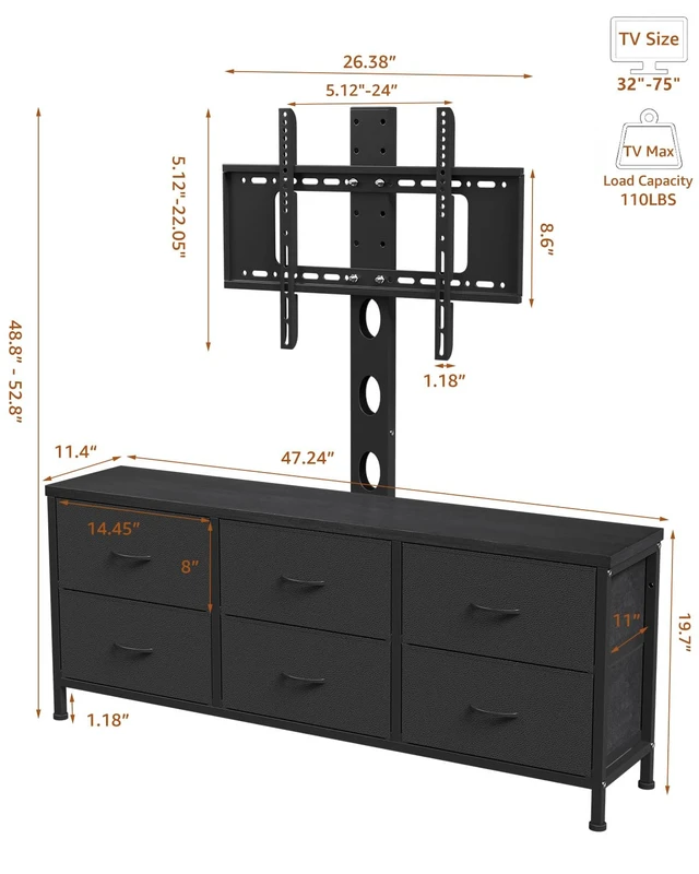 Alt view image 6 of 7 - TV Stand with Mount, Fabric Dresser with 6 Drawers for 32/45/55/60/65/75 inch TVs, Black Dresser Entertainment Center, Modern Media TV Console Table