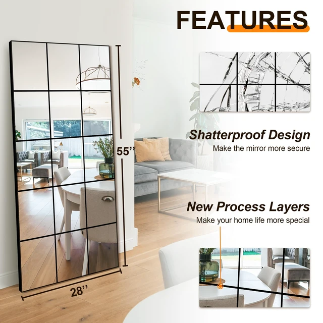 Alt view image 2 of 7 - Window Pane Full Length Mirror 28"x55" Large Window Wall Mirror Black | Metal Framed Wall Decor, Wall Mounted, Hanging or Leaning for Bedroom, Living Room, Entryway, Dining Room, Home Wall Decor