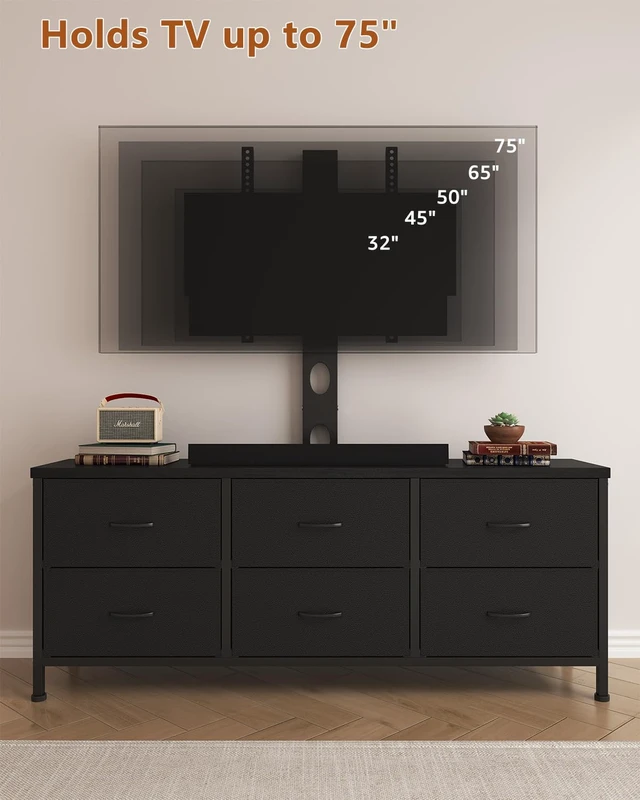 Alt view image 7 of 7 - TV Stand with Mount, Fabric Dresser with 6 Drawers for 32/45/55/60/65/75 inch TVs, Black Dresser Entertainment Center, Modern Media TV Console Table