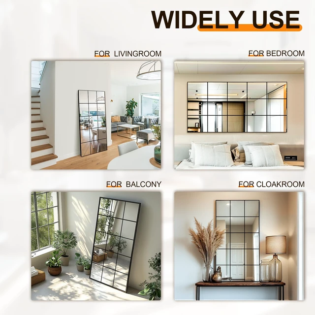Alt view image 4 of 7 - Window Pane Full Length Mirror 28"x55" Large Window Wall Mirror Black | Metal Framed Wall Decor, Wall Mounted, Hanging or Leaning for Bedroom, Living Room, Entryway, Dining Room, Home Wall Decor