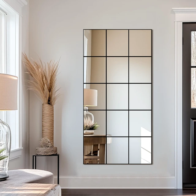 Alt view image 5 of 7 - Window Pane Full Length Mirror 28"x55" Large Window Wall Mirror Black | Metal Framed Wall Decor, Wall Mounted, Hanging or Leaning for Bedroom, Living Room, Entryway, Dining Room, Home Wall Decor