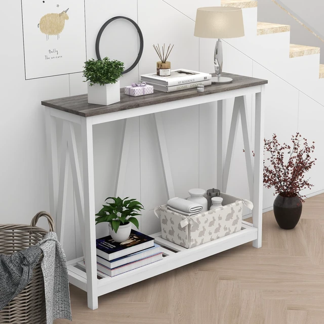 Alt view image 6 of 7 - Entryway Table, 39" Farmhouse Console Table with Shelf Narrow Foyer Table | | 2-Tier Open Shelf,V-Shape Anti-Tip Legs,Slim Narrow Design,Sofa Table Use,Two-Tone Finish,30-Min Easy Assembly,Oak Grey