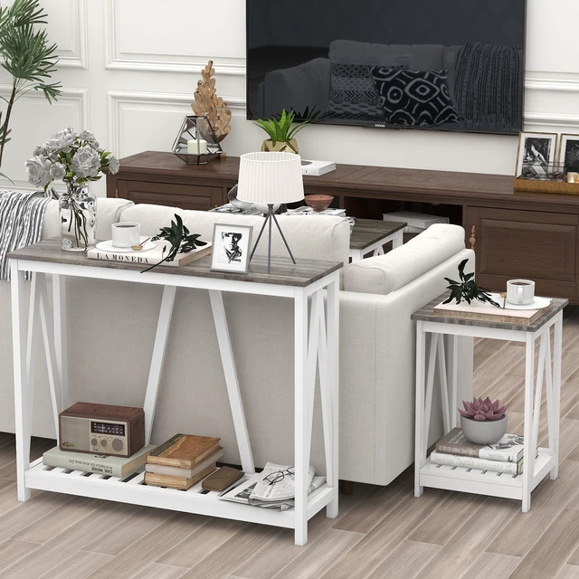 Alt view image 5 of 7 - Entryway Table, 39" Farmhouse Console Table with Shelf Narrow Foyer Table | | 2-Tier Open Shelf,V-Shape Anti-Tip Legs,Slim Narrow Design,Sofa Table Use,Two-Tone Finish,30-Min Easy Assembly,Oak Grey