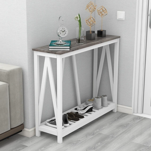 Alt view image 7 of 7 - Entryway Table, 39" Farmhouse Console Table with Shelf Narrow Foyer Table | | 2-Tier Open Shelf,V-Shape Anti-Tip Legs,Slim Narrow Design,Sofa Table Use,Two-Tone Finish,30-Min Easy Assembly,Oak Grey