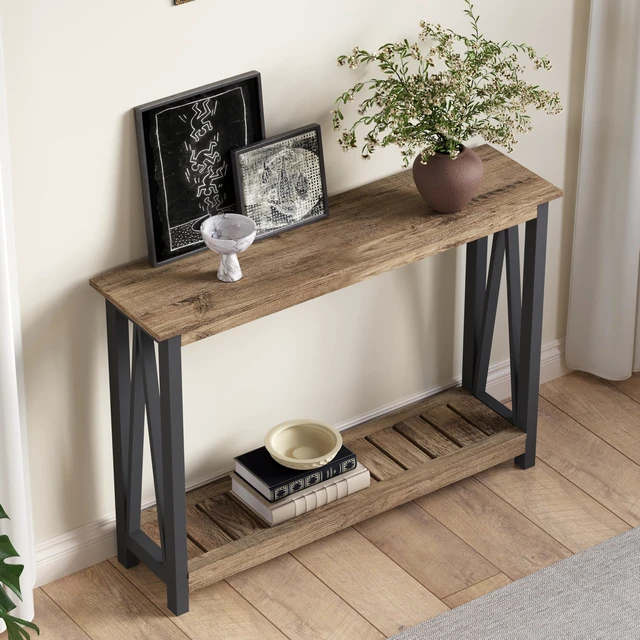 Alt view image 4 of 7 - Farmhouse Console Table, Narrow Sofa Table for Entryway, 40 Inch | Rustic Entryway Table for Living Room, Hallway, Rustic Oak & Black