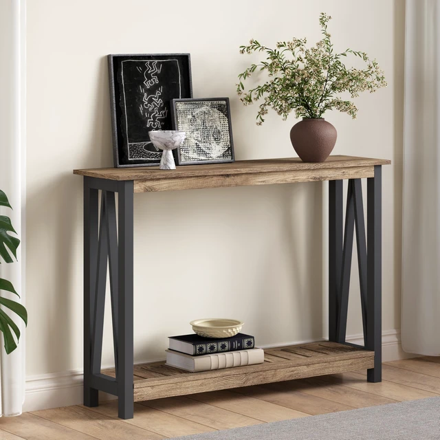 Alt view image 3 of 7 - Farmhouse Console Table, Narrow Sofa Table for Entryway, 40 Inch | Rustic Entryway Table for Living Room, Hallway, Rustic Oak & Black