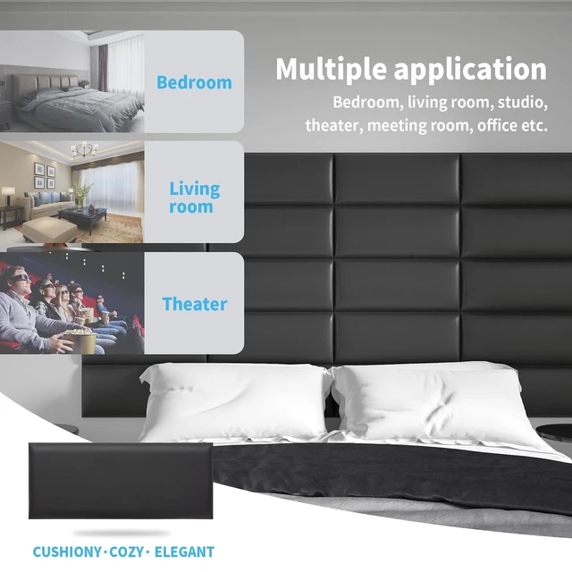 Alt view image 5 of 6 - 12-Pack Peel and Stick Upholstered Headboard, 9.84 x 23.62 in, Black | Self Adhesive, Upholstered Padded Panels, Fits Various Bed Size, Sound Absorbing, Ideal for Bedroom