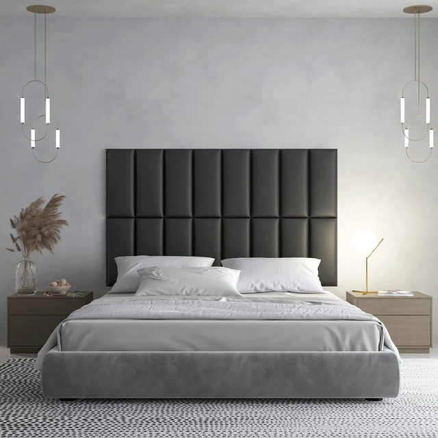 Alt view image 3 of 6 - 12-Pack Peel and Stick Upholstered Headboard, 9.84 x 23.62 in, Black | Self Adhesive, Upholstered Padded Panels, Fits Various Bed Size, Sound Absorbing, Ideal for Bedroom