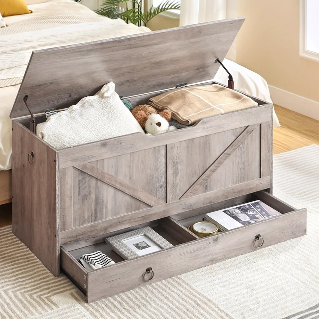 Alt view image 3 of 7 - Storage Chest, 39.3" Toy Chest with Drawer, Wooden Storage Bench, Sturdy Entryway Bench Supports 330 lb, Safety Hinge, U-Shaped Opening, Easy Assembly, Greige BG710CW01G2