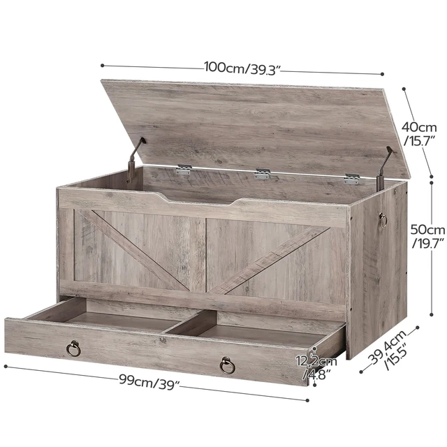 Alt view image 4 of 7 - Storage Chest, 39.3" Toy Chest with Drawer, Wooden Storage Bench, Sturdy Entryway Bench Supports 330 lb, Safety Hinge, U-Shaped Opening, Easy Assembly, Greige BG710CW01G2