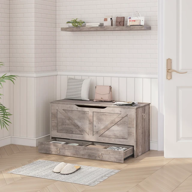 Alt view image 2 of 7 - Storage Chest, 39.3" Toy Chest with Drawer, Wooden Storage Bench, Sturdy Entryway Bench Supports 330 lb, Safety Hinge, U-Shaped Opening, Easy Assembly, Greige BG710CW01G2