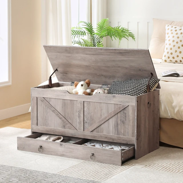Alt view image 6 of 7 - Storage Chest, 39.3" Toy Chest with Drawer, Wooden Storage Bench, Sturdy Entryway Bench Supports 330 lb, Safety Hinge, U-Shaped Opening, Easy Assembly, Greige BG710CW01G2