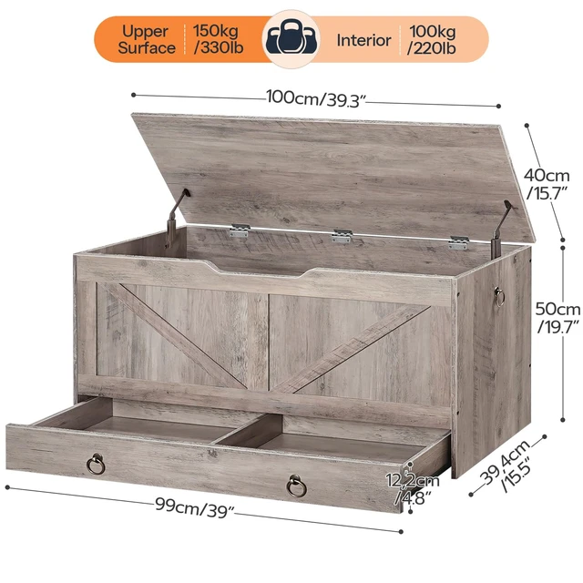 Alt view image 5 of 7 - Storage Chest, 39.3" Toy Chest with Drawer, Wooden Storage Bench, Sturdy Entryway Bench Supports 330 lb, Safety Hinge, U-Shaped Opening, Easy Assembly, Greige BG710CW01G2